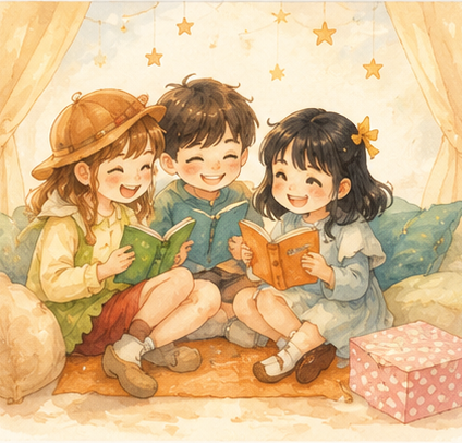 Các bé cùng đọc sách trong một góc đọc ấm cúng