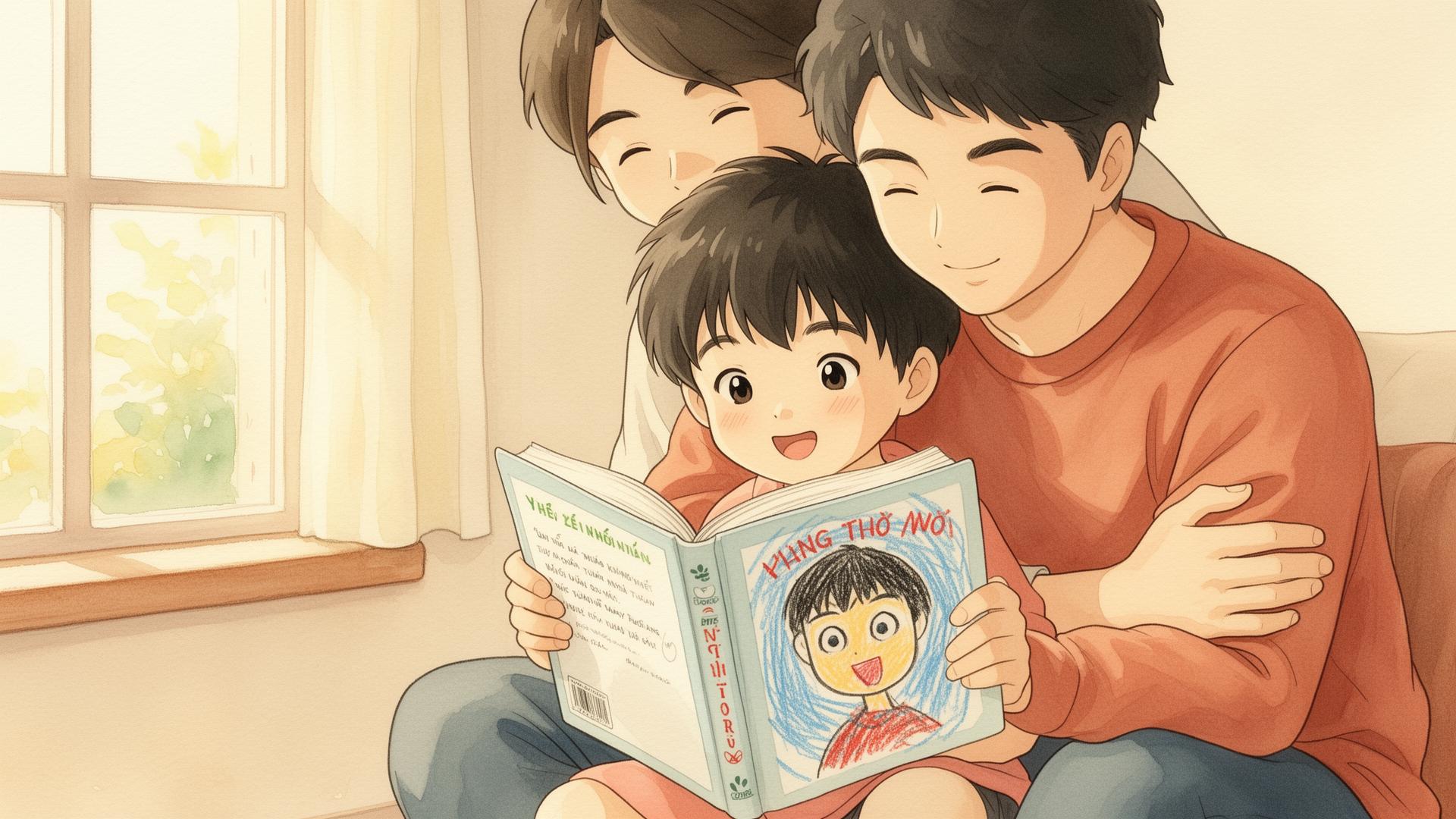 Bé cầm cuốn sách do mình tạo, bố mẹ đọc cùng bên cửa sổ
