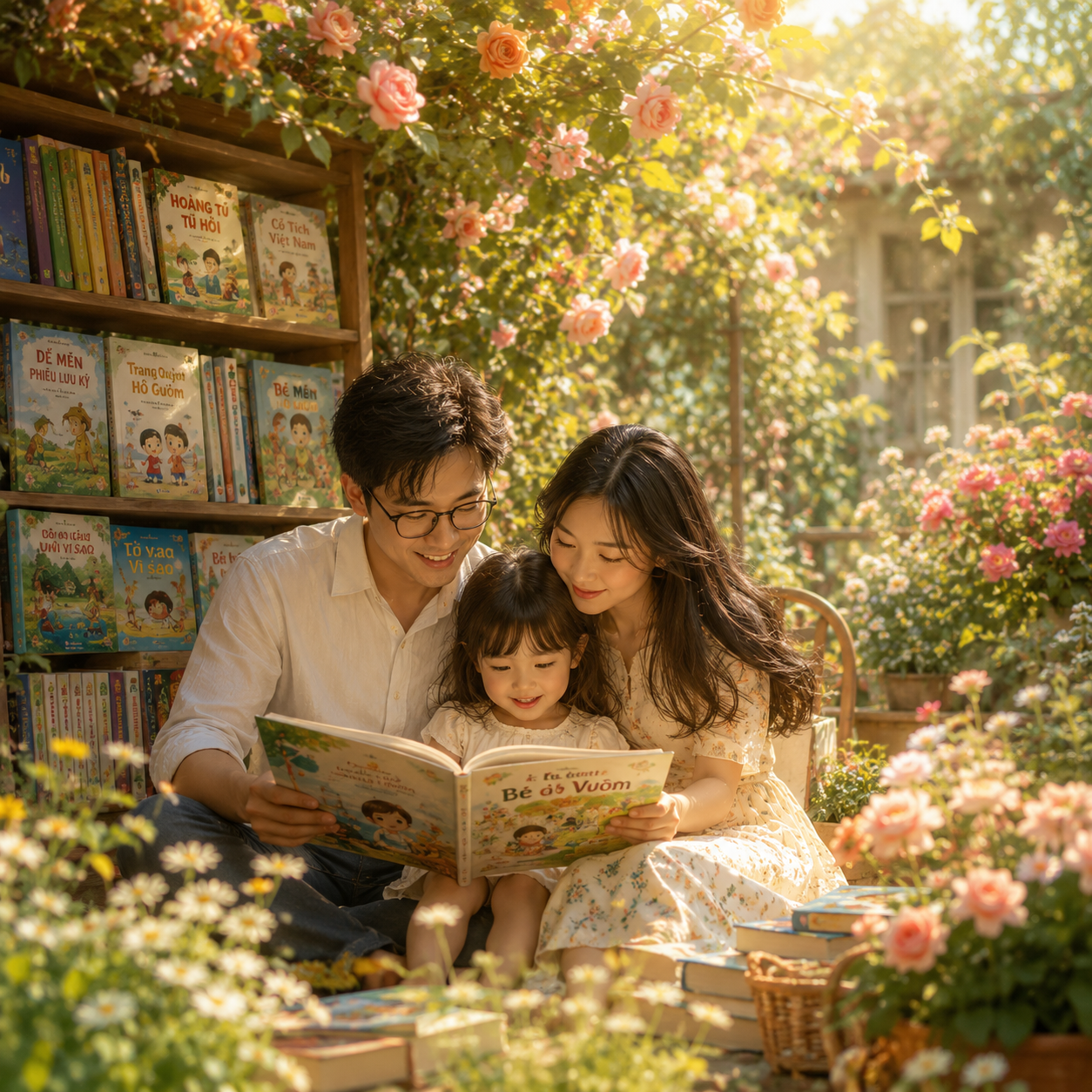 Gia đình cùng đọc sách giữa khu vườn đầy hoa và giá sách thiếu nhi