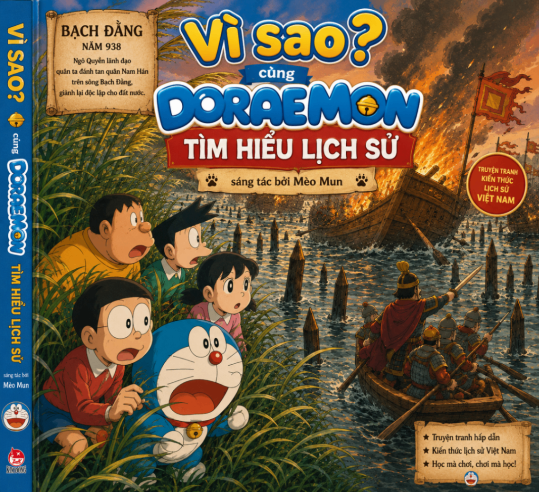Bìa truyện lịch sử với nhân vật thiếu nhi quan sát trận chiến Bạch Đằng