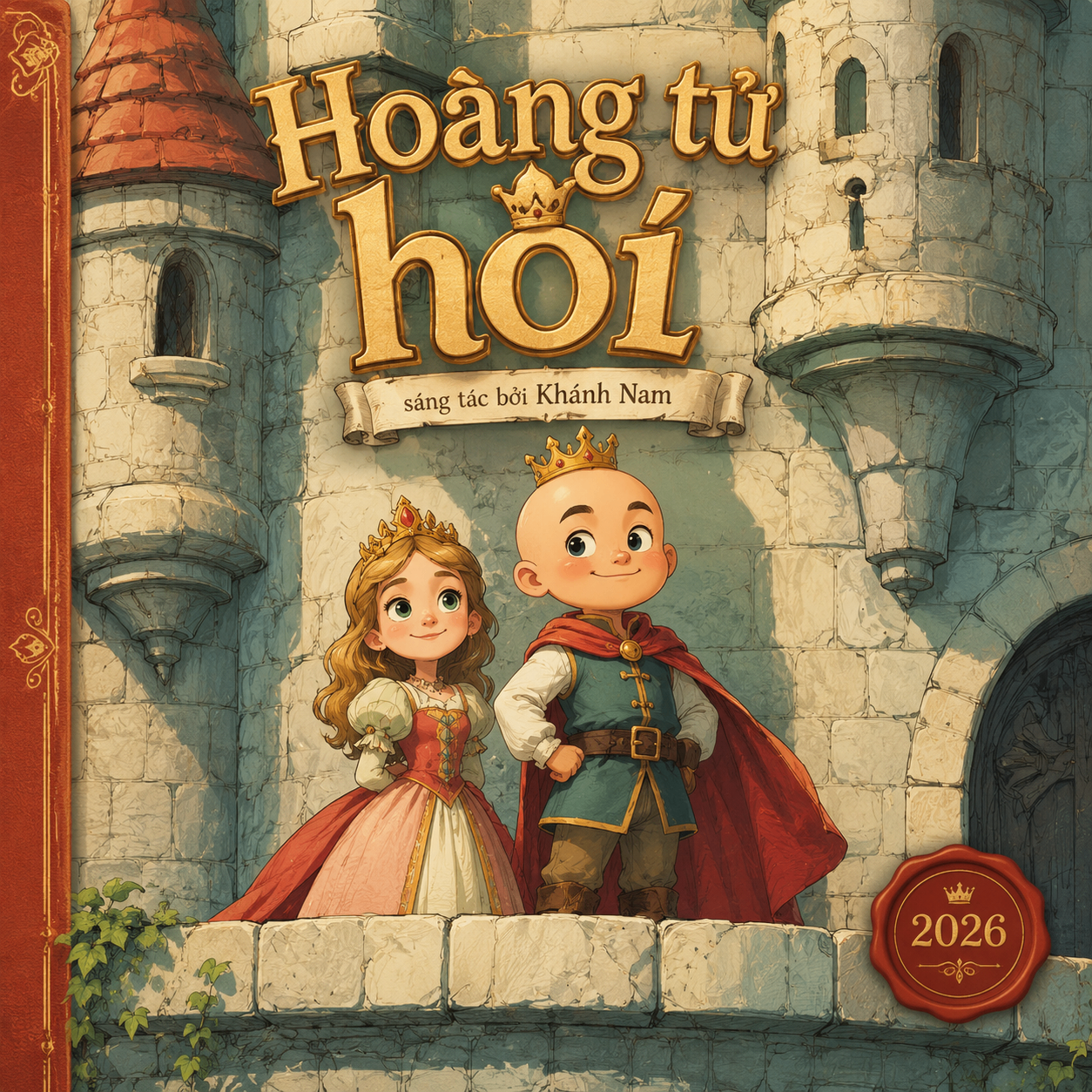 Bìa sách Hoàng tử hói với hai nhân vật đứng trước lâu đài cổ tích