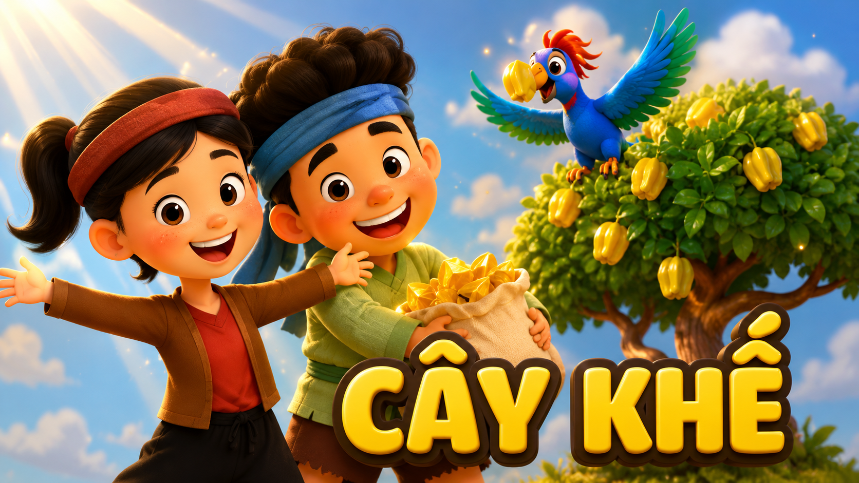 Bìa truyện thiếu nhi 3D Cây Khế với hai nhân vật nhỏ