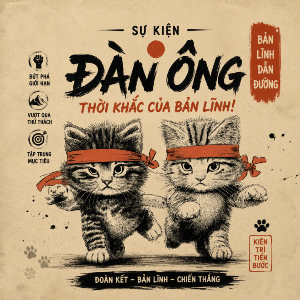 Poster truyện với hai chú mèo đeo băng đỏ và tinh thần bản lĩnh