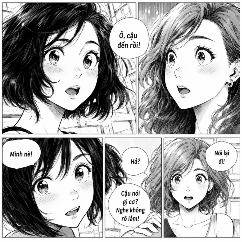 Trang truyện manga đen trắng với hai bạn nữ trò chuyện ở phố nhỏ