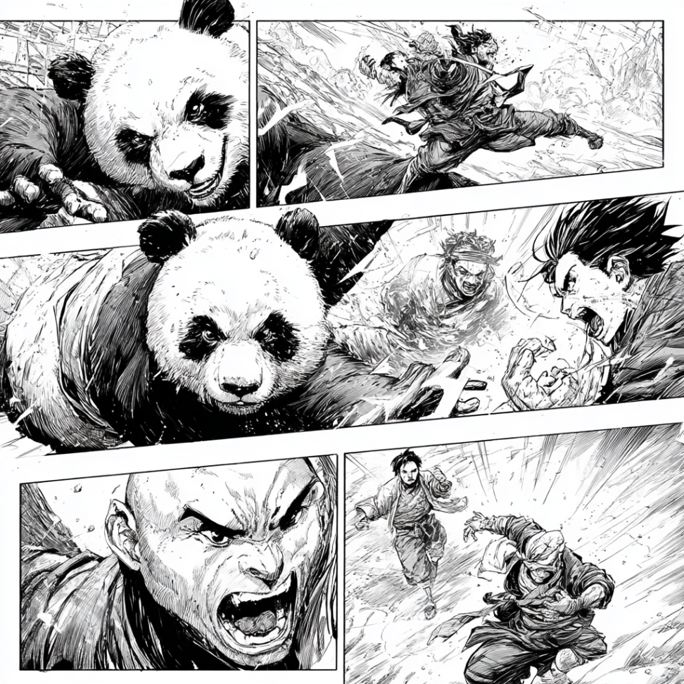 Trang manga hành động với gấu trúc lao vào trận chiến