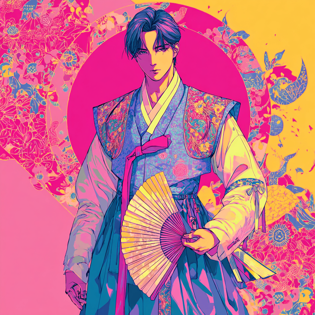 Nhân vật phong cách truyện tranh mặc hanbok rực rỡ trước nền hoa văn