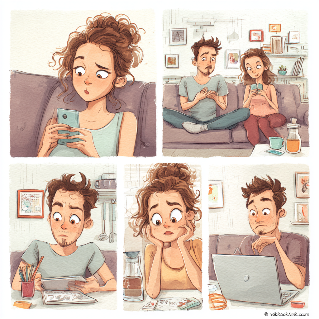 Chuỗi khung truyện màu nước kể cảm xúc của đôi bạn trẻ khi nhắn tin cho nhau