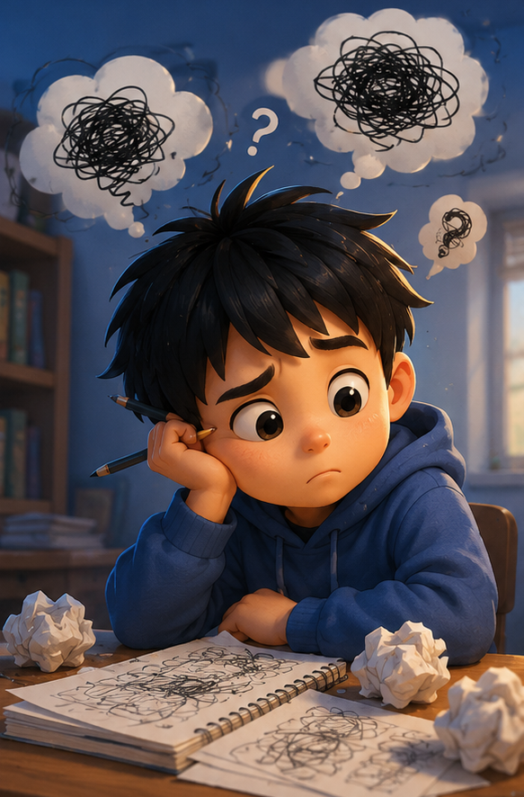 Trẻ ngồi bí ý tưởng, giấy vò quanh bàn — tiêu thụ thụ động